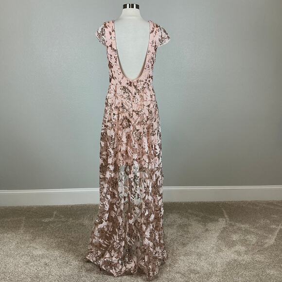 Eliza J Women's Sequined Lace High Low Backless Gown Pink Size 8 Short Sleeve - Picture 2 of 14